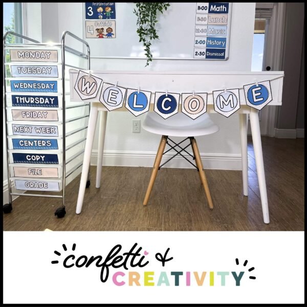 Ocean Classroom Welcome Banner - Actual Classroom Shows a picture of the physical classroom with a white desk and the welcome banner on the front of the desk