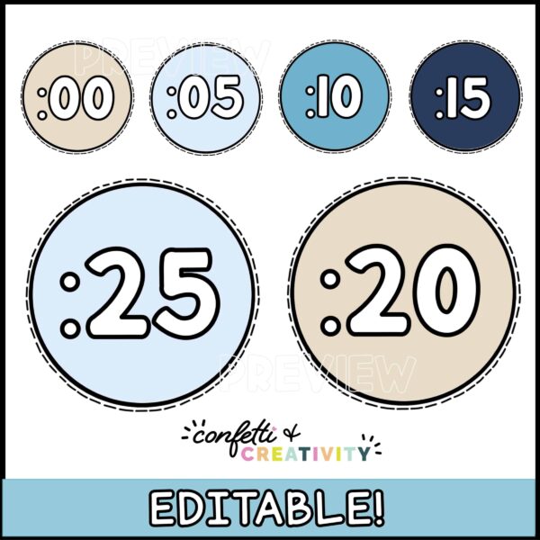 Ocean Clock Labels 2 Shows clock label examples :00 to :20. Features blues and tans color scheme to match with the ocean classroom theme