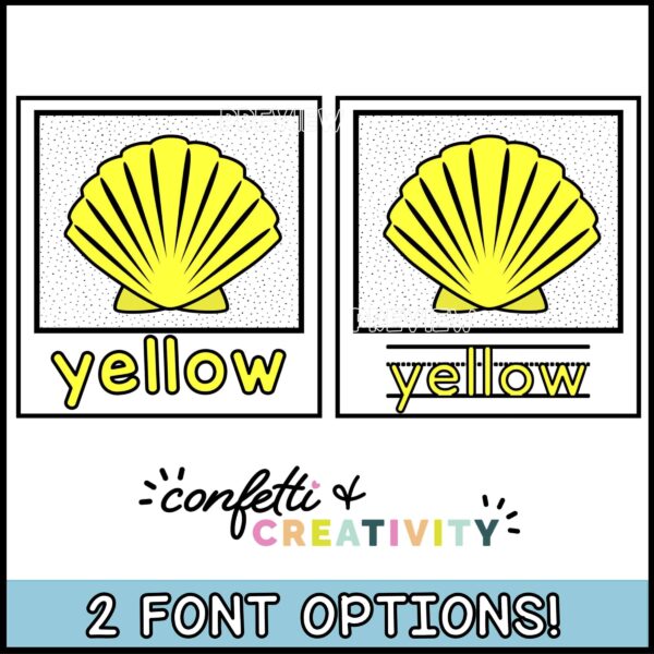 Ocean Color Posters - Font Options Shows the color yellow with a normal font and dotted line font perfect for a primary classroom