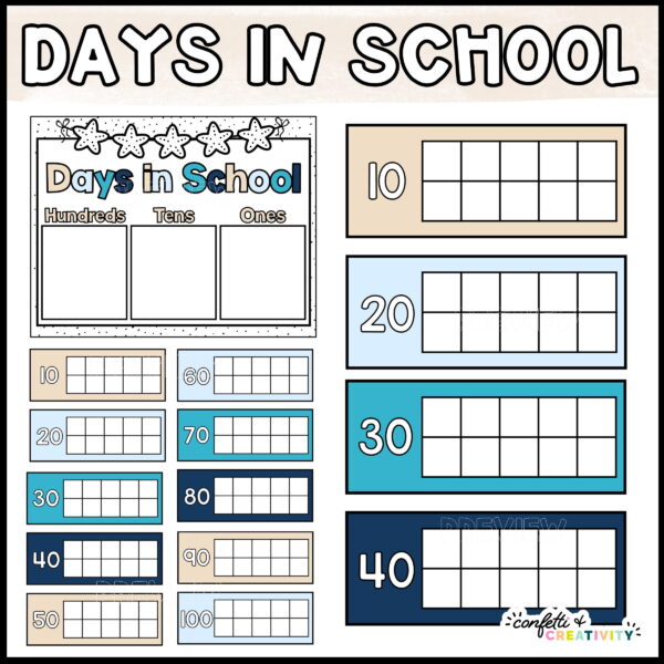 Shows the ocean themed days in school tally with ten frames and a header