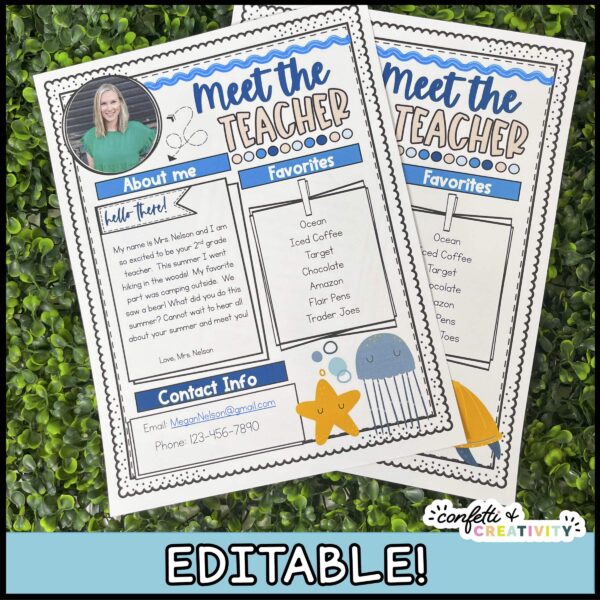 Ocean Meet the Teacher Template 2 Shows two ocean classroom theme meet the teacher templates filled out and laid out on a green grass panel