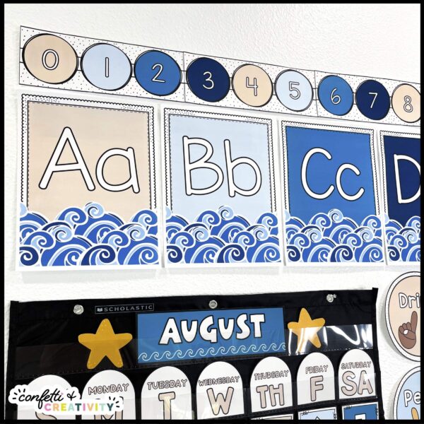 Ocean Number Line - Classroom Wall Shows the ocean number line above the ocean alphabet posters