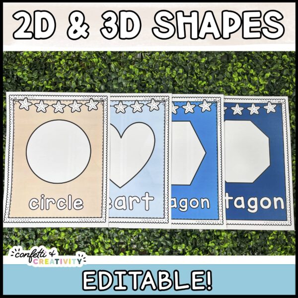 Shows 4 example shape posters with the text "2D & 2D Shapes" at the top of the iamge