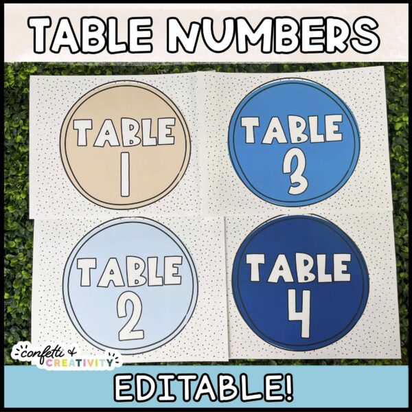 Shows table numbers 1, 2, 3, and 4 in the blue and tan color scheme to match the ocean classroom theme