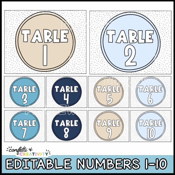Ocean Table Numbers - All Table Numbers Shows multiple table numbers with the blue and tan color scheme that matches the ocean classroom theme