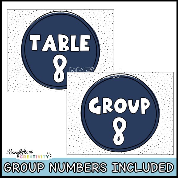 Ocean Table Numbers - Table and Group Numbers Shows that these labels can be used in table and group numbers. The example used is the navy colored number 8.
