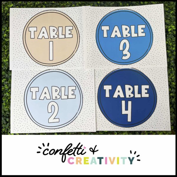 Ocean Table Numbers - Real Photo Shows table numbers 1, 2, 3, and 4 in the blue and tan color scheme to match the ocean classroom theme