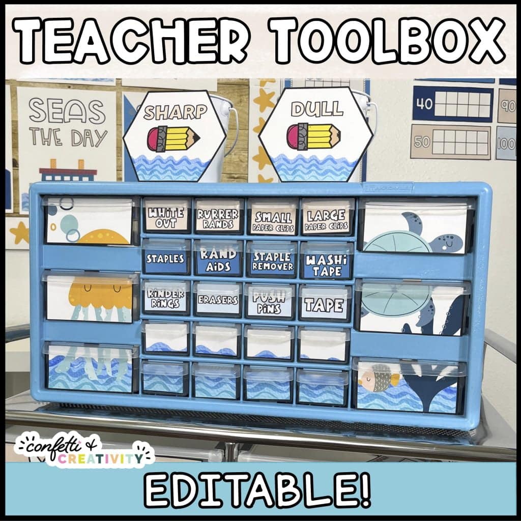 Shows the toolbox set up with the sharp and dull pencil labels on top of the teacher toolbox