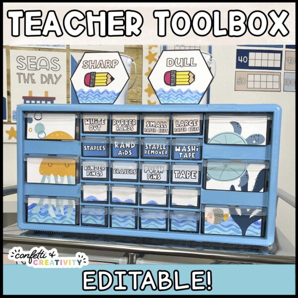Shows the toolbox set up with the sharp and dull pencil labels on top of the teacher toolbox