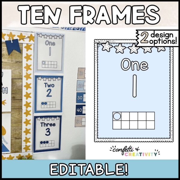 Shows the ten frames on the wall with a close up of the example ten frame number 1