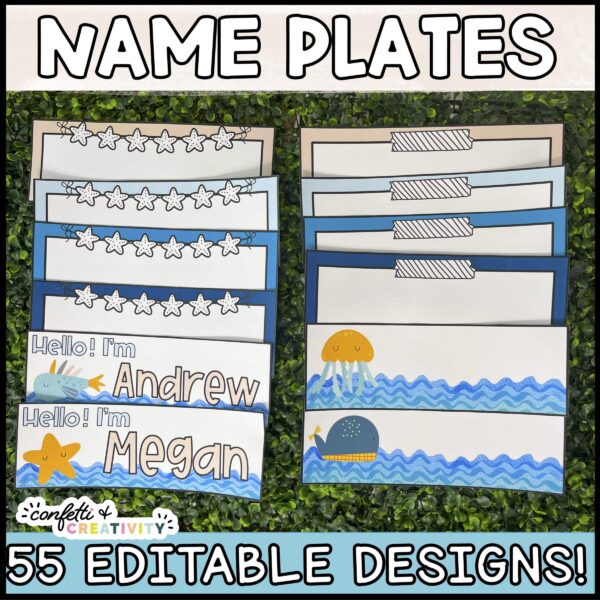 Shows multiple desk name plates on a green grass panel