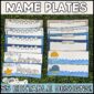 Shows multiple desk name plates on a green grass panel