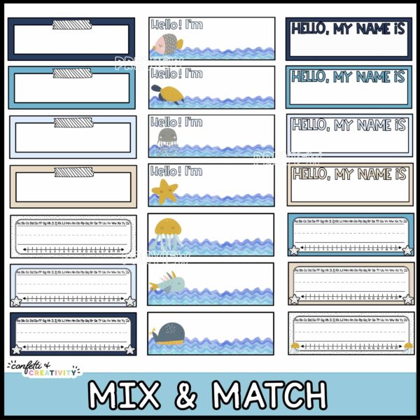 Student Desk Nametags 2 Shows a multitude of the ocean desk name plates that are blank to show what all comes with the product