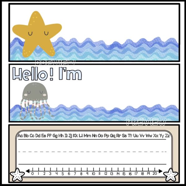 Student Desk Nametags 3 Shows examples of ocean name plates with ocean animals like star fish and other ocean animals