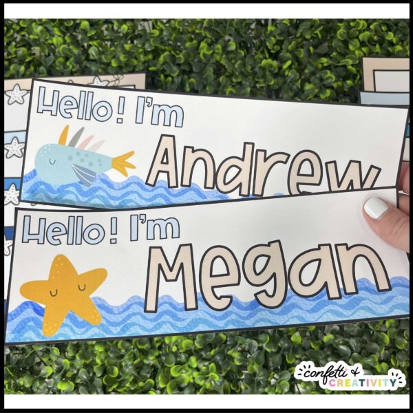 Student Desk Nametags 4 Shows ocean themed student desk name plates with the names "Andrew" and "Megan" as examples