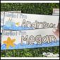 Shows ocean themed student desk name plates with the names "Andrew" and "Megan" as examples
