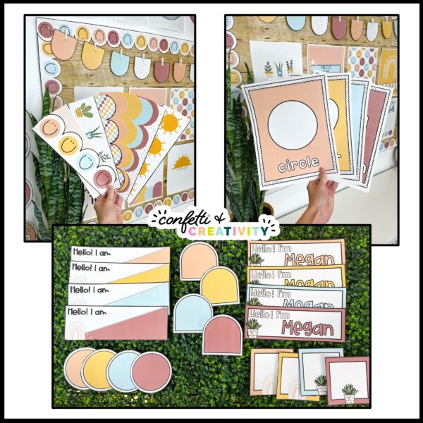 Modern Neutral Classroom Decor - Multiple Images Shows multiple examples of the neutral decor such as shape posters and printable bulletin board borders