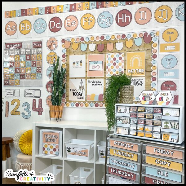 Modern Neutral Classroom Decor - Whole Classroom Shows a picture of the whole classroom decorated with the modern neutral classroom theme. Features alphabet posters, a 10 drawer cart labels and so much more
