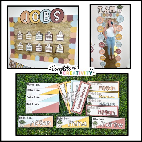 Modern Neutral Classroom Decor - Multiple Images Shows the neutral classroom jobs, desk name plates, and Megan taking a selfie in the neutral color affirmation mirror