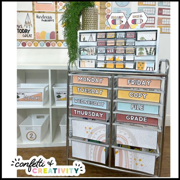 Modern Neutral Classroom Decor - Multiple Images Shows the teacher toolbox labels and 12 drawer cart labels. All of the decor featured includes a neutral color palette