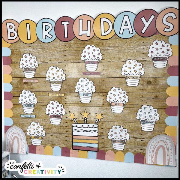 Modern Neutral Classroom Decor - Birthday Board Shows the Neutral birthday board. The board includes cupcake for each month and bulletin board borders