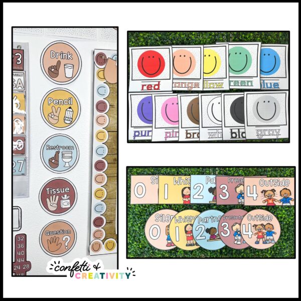 Modern Neutral Classroom Decor - Multiple Images Shows examples of the color posters and voice levels