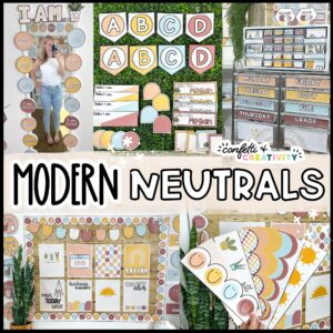 Shows multiple pictures of the modern neutral classroom them pictures. Featuring an affirmation station, alphabet posters, and so much more to show pictures of the neutral classroom decor bundle and a lot of the products that come in the bundle