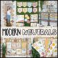 Shows multiple pictures of the modern neutral classroom them pictures. Featuring an affirmation station, alphabet posters, and so much more to show pictures of the neutral classroom decor bundle and a lot of the products that come in the bundle