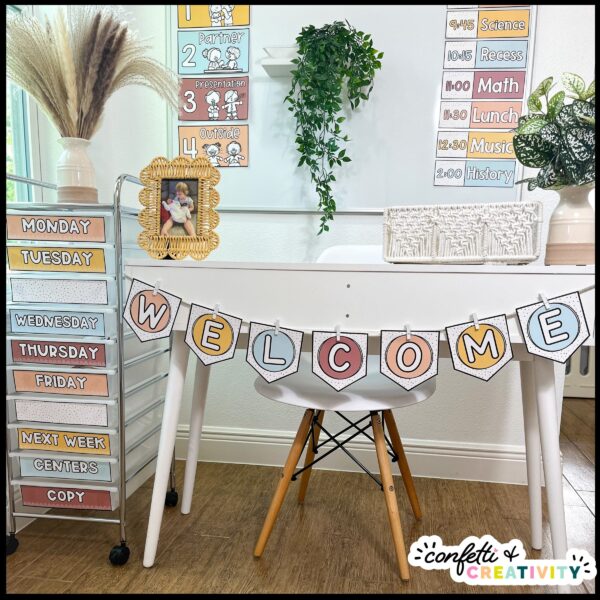 Modern Neutral Classroom Decor - Welcome Sign Shows the neutral welcome sign on a white desk and other decor in the background like voice level cards and more