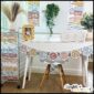 Shows the neutral welcome sign on a white desk and other decor in the background like voice level cards and more
