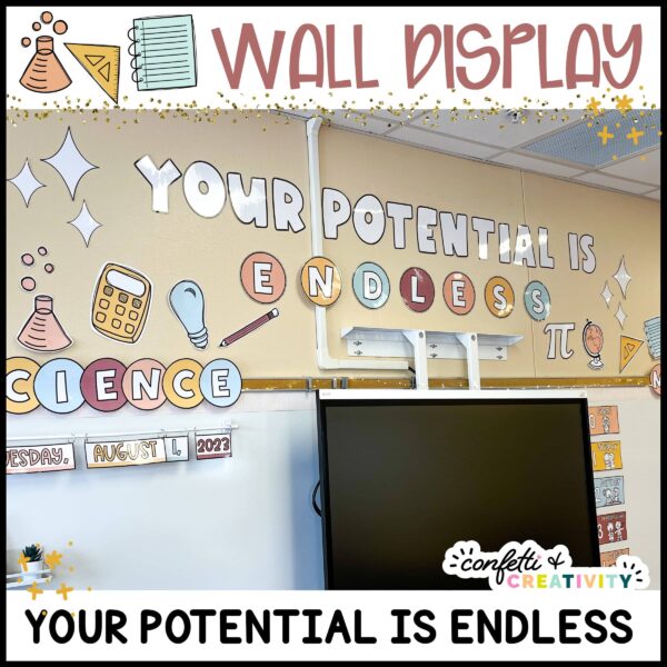 Shows the neutral classroom wall display "Your Potential is Endless". Features black and white science and math clipart to the sides of the phrase