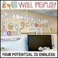 Shows the neutral classroom wall display "Your Potential is Endless". Features black and white science and math clipart to the sides of the phrase