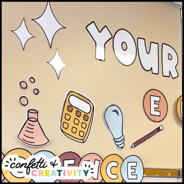 Neutral Classroom Wall Display - Close Up Shows a close up of the colored clipart featuring a calculator and other math and science items