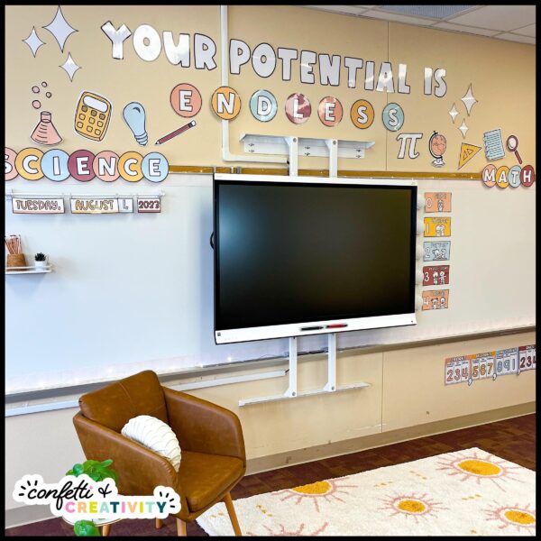 Neutral Classroom Wall Display - Full Picture of Room Shows a Full Picture of the classroom wall with the display up. Includes white boards and a Smartboard to teach from