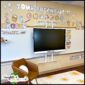 Shows a Full Picture of the classroom wall with the display up. Includes white boards and a Smartboard to teach from