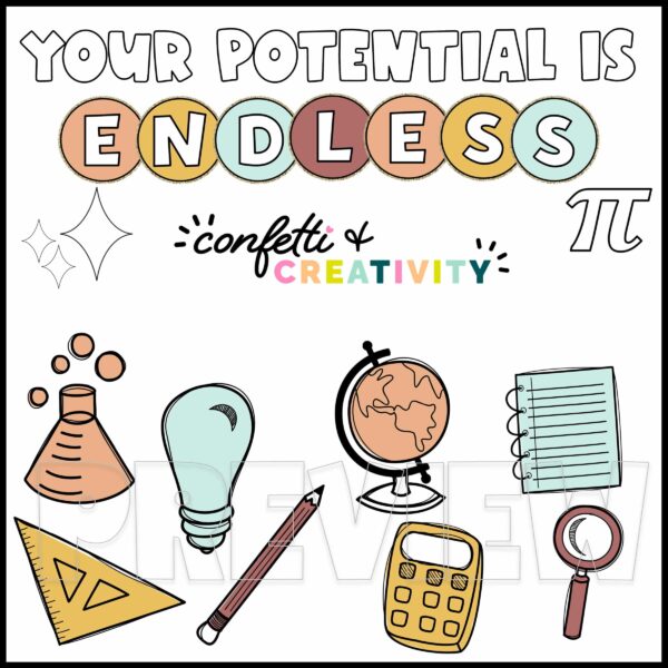 Neutral Classroom Wall Display - Clipart and Text Shows black and white as well as color clipart and text options. Features the pi sign, calculators, and other math and science clipart