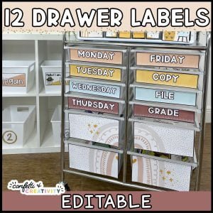 Modern Neutral 12 Drawer Rolling Cart Labels