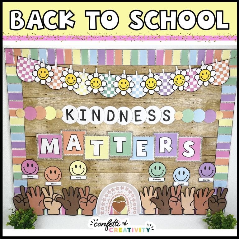 Shows a photo of the entire Taylor Swift inspired back to school bulletin board set up. Features friendship bracelets, pastel colors, and the message "Kindness Matters"