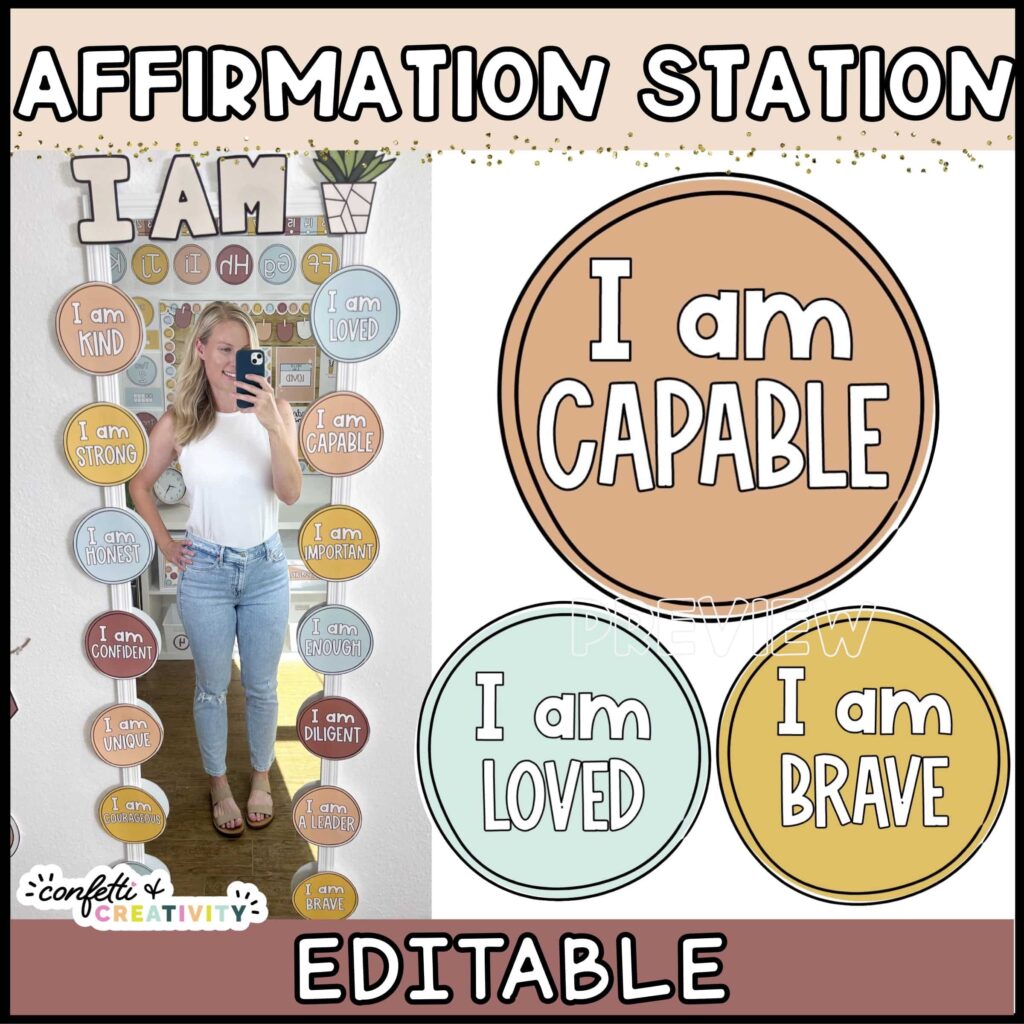 Shows Megan taking a selfie in an affirmation mirror surrounded by the affirmations in the modern neutral color scheme. On the right of the image shows multiple affirmations