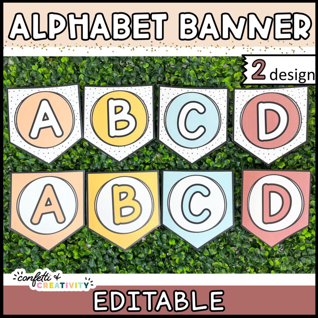 Shows two different designs for the modern neutral alphabet banner. They're laid on a grass panel to show the neutral color palette