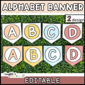 Shows two different designs for the modern neutral alphabet banner. They're laid on a grass panel to show the neutral color palette
