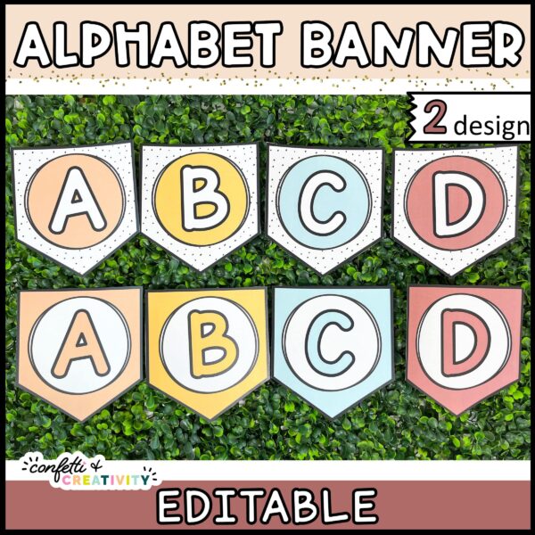 Shows two different designs for the modern neutral alphabet banner. They're laid on a grass panel to show the neutral color palette