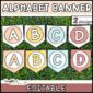Shows two different designs for the modern neutral alphabet banner. They're laid on a grass panel to show the neutral color palette