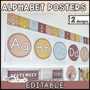 Shows the modern neutral alphabet on a real classroom wall