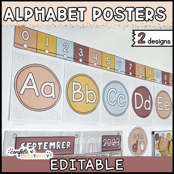Shows the modern neutral alphabet on a real classroom wall