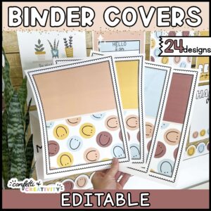 Shows four different colored binder covers that are blank fanned out. At the bottom of each binder cover are trendy smiley faces in the modern neutral color scheme
