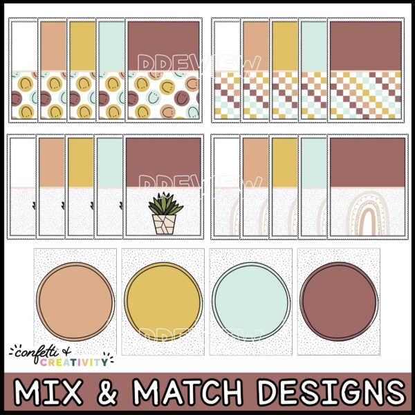 Modern Neutral Binder Covers and Binder Spines - Snipped Pictures Shows snipped pictures of all the binder covers that come with this product. They all feature the modern neutral color scheme and trendy clipart like plants and smiley faces