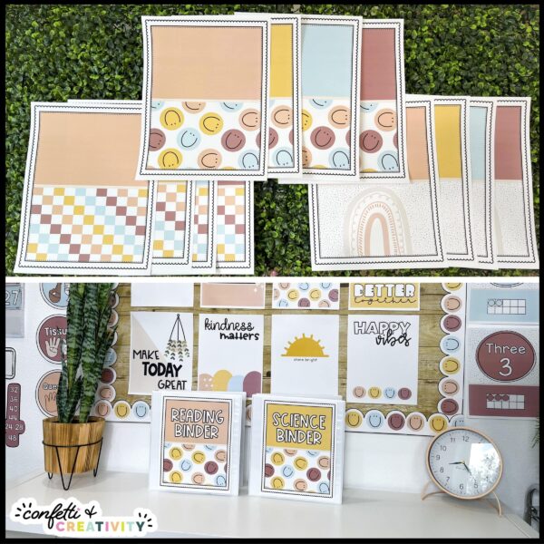 Modern Neutral Binder Covers and Binder Spines - Real Photo Shows all of the printed out binder covers laid out on a grass panel