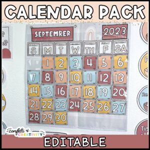 Shows the modern neutral calendar pack set up in a white pocket chart in a real classroom