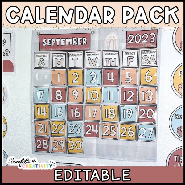 Shows the modern neutral calendar pack set up in a white pocket chart in a real classroom
